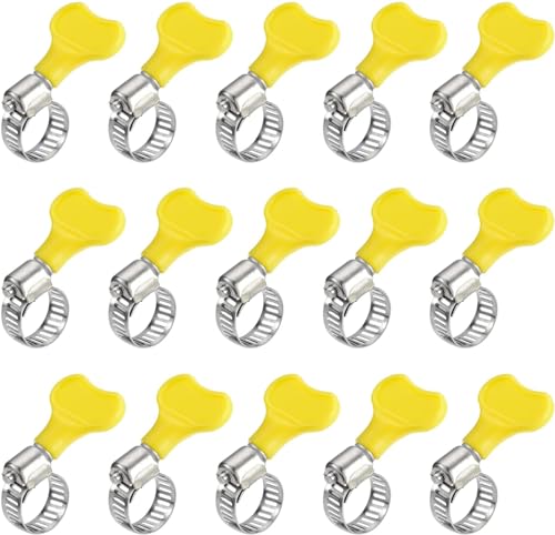 15-Pack Stainless Steel Hose Clamps (Yellow), Adjustable Thumb Screw Key Style Worm Gear Hose Clamps, Fuel Line Clamps,For Plumbing and Automotive Applications ([8-12mm(0.315-0.472 inches])