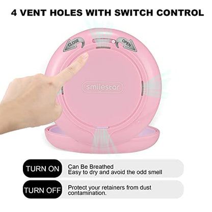 Retainer Case, Slim Aligner Case with Adjustable Vent Holes and Mirror, Compatible with Invisalign, Night Guard and Mouth Guard, Premium Retainer Case, With Aligner Remover Tool, Chew & Brush, Pink - color: Round: Pink