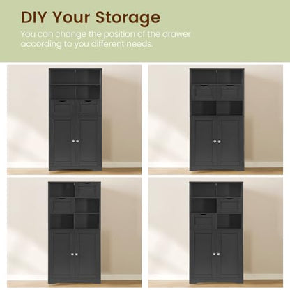 Iwell Tall Storage Cabinet, Black Storage Cabinet & Adjustable Shelves, Bathroom Cabinet for Living Room, Dining Room, Entryway, Black - color: Black, 2 Drawers