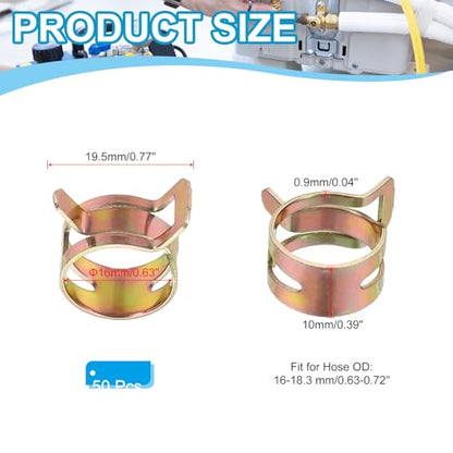 PATIKIL Spring Band Hose Pipe Clamps for 16-18.3 mm OD Hose, 50 Pack Silicone Vacuum Constant Tension Band Clips for Fuel Line Silicone Air Hose Tube Water Pipe, Gold - size: 16-18.3 mm