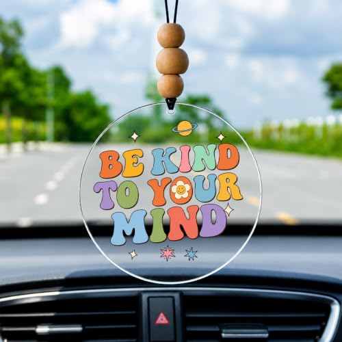 Talataca Be Kind to Your Mind 2D Flat Car Ornament & Wood Beads, Inspirational Positive Quote Beaded Rear View Mirror Accessories, Retro Rearview Hanging Charm, Christmas Tree Decor - color: 41
