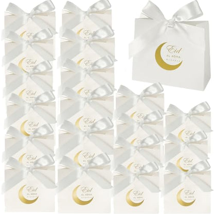 20 Pack Eid Party Favor Box, Eid Moon Candy Box, Ramadan Mubarak Party Goodie Box, DIY Eid Treat Paper Box with Ribbon Bow, Islam Muslim Wedding Festival Candy Box, Chocolate Cookie Souvenir Boxes for Eid Party Supplies Gold Castle Goodie Present Bag - co