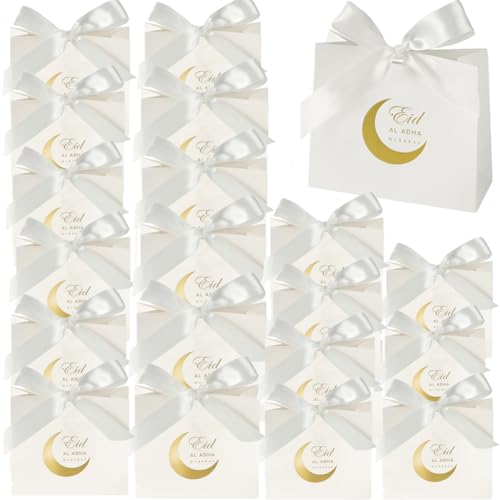 20 Pack Eid Party Favor Box, Eid Moon Candy Box, Ramadan Mubarak Party Goodie Box, DIY Eid Treat Paper Box with Ribbon Bow, Islam Muslim Wedding Festival Candy Box, Chocolate Cookie Souvenir Boxes for Eid Party Supplies Gold Castle Goodie Present Bag - co