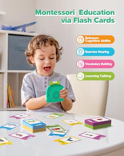 Talking Flash Cards for Toddlers 1 2 3 4 Year Olds, Montessori Language Learning with 224 Words, Pocket Speech Therapy Playthings, Children's Sensory Educational Device, Green - style: 224 Words English Green