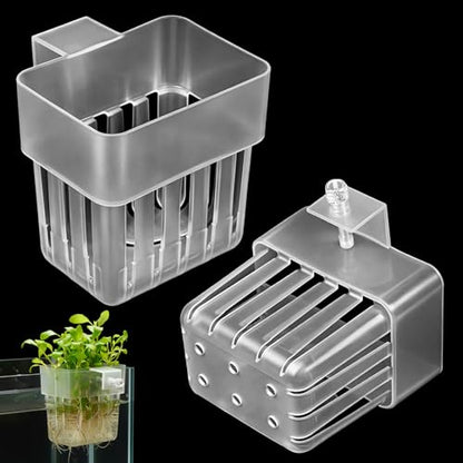 2 PCS Clear Aquarium Plant Holder Top Hanging Fish Tank Plant Pot Aquarium Cultivation Aquascape Planter Cups with Hooks Screws for Water Landscape Feature Decorations, Fits up to 0.8in Edges
