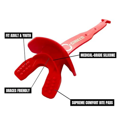 O Shield Striker Football Lip Guard with Permanent Strap | Football Lip Guard with Permanent Strap — Front Teeth, Lip, and Full Bite-Surface Coverage, No-Boil Ready Fit - color: Red