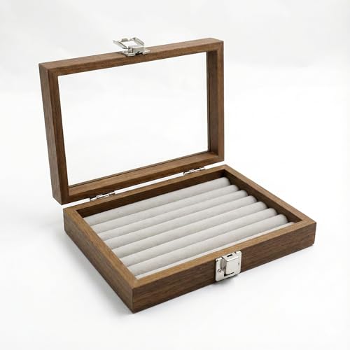 8x6 Inch Jewelry Organizer Box - 7 Slot Ring Holder Tray, Clear Glass Lid Display Case - Walnut Wood