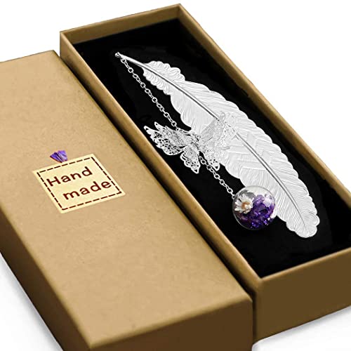 Metal Feather Bookmark,Stocking Stuffers Teacher Christmas Gifts for Women - color: Silver.purple White Flower