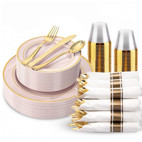 WDF Partyware 175PCS Pink plastic Plates - Pink Disposable Plates 25Guests Disposable Dinnerware Sets with Rolled Napkins for Wedding/Birthday/Baby Shower - color: Pink, size: 175PCS