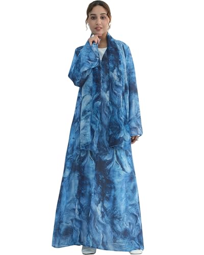 Modest Cardigan Set Women Muslim Dress with Soft Hijab Scarf Islamic Outfits Open Abaya For Eid, Ramadan, Umrah, Hajj - color: Blue, size: M(54)