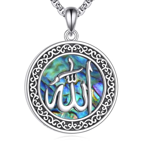 URONE Allah Necklace 925 Sterling Silver Abalone Shell Pendant Allah Jewelry Gift for Women Men