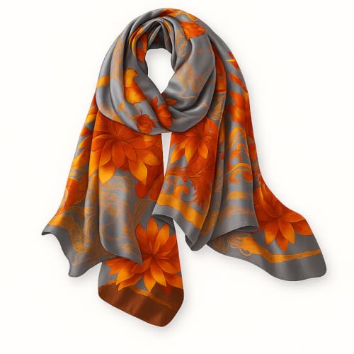 LONDON Women’s Satin Silky Scarf Gift Box Large Lightweight Silky Smooth Shawl Wrap for Hair, Head, Neck or Hijab - color: Orange Flowers - Box
