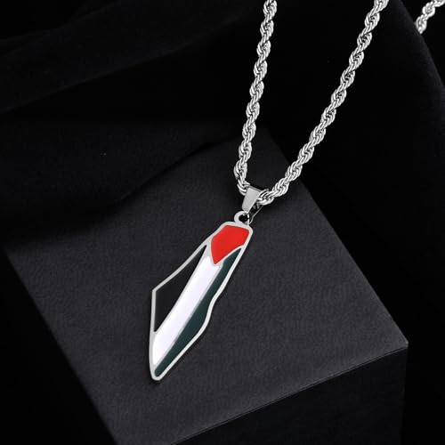 Palestine Map Pendant Necklace, Stainless Steel Chain, Multicolor，Peace Pendant - color: Silvery-1.5in