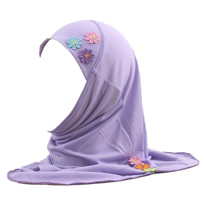 Girls Instant Hijab – Soft Kids Muslim Scarf with Flower, Breathable One-Piece Headscarf for Toddlers Age 2-8 - color: Lavander