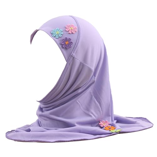 Girls Instant Hijab – Soft Kids Muslim Scarf with Flower, Breathable One-Piece Headscarf for Toddlers Age 2-8 - color: Lavander