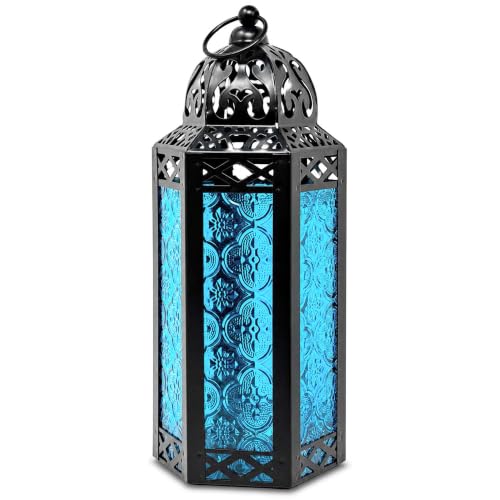 Vela Lanterns Decorative Indoor Moroccan Candle Holder, Blue, M - color: Black/Blue, size: Medium
