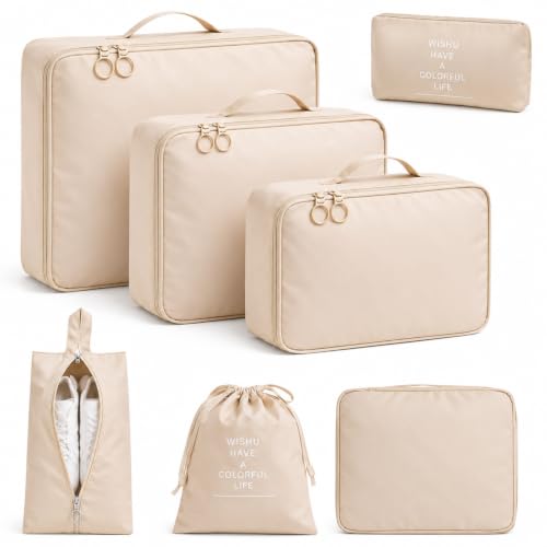 7 Set Packing Cubes For Travel | Luggage Organizer Bags With Shoe, Laundry Bag, Accessory Pouch And Lingerie Bag | Durable And Space Saving Suitcase Organizer For Travel Essentials | Beige - color: Beige