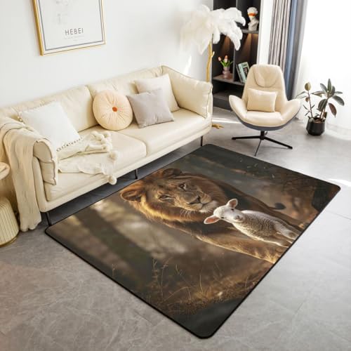Manfei Lion and Lamb Kids Area Rug,Black Brown Spiritual Vintage Indoor Floor Mat Entrance Rug for Girls,Faith Verse Natural Non Slip Rug,Rustic Wild Animal Couch Living Room Decor,3'x5' - color: Black Brown, size: 3'3" x 4'11" (Rectangular)