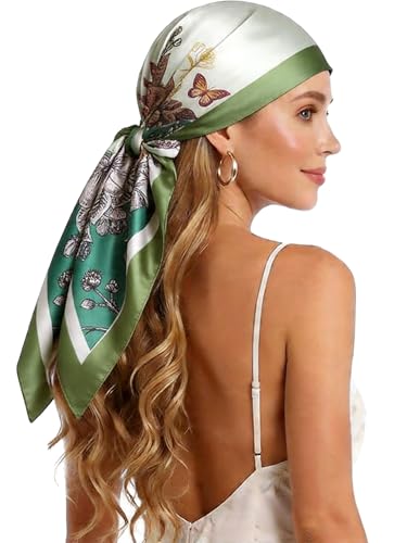 Silk-Feel 35x35 Satin Hair Scarf | Multi-Way Head Wrap for Sleep, Style & Hijab | Gift-Ready Fashion Scarf for Women - color: Green-flowers