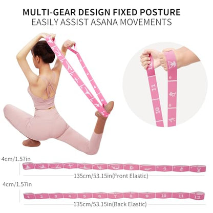 Yoga Strap with 10/12 Loops - Multi-Functional Stretch Band for Pilates, Dance, Gymnastics, Physical Therapy, Flexibility & Resistance Training, Ballet, Latin Workouts - color: Pink