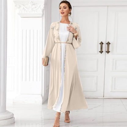 IDOPIP Muslim Abayas for Women Long Sleeve Open Front Cardigan Rhinestone Applique Islamic Dubai Maxi Kaftan Dress with Belt - color: Champagne, size: Medium
