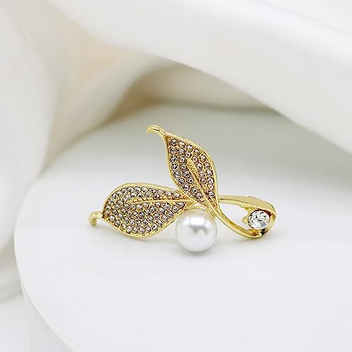 Crystal Pearl Flower Brooches Pins Fashion Beautiful Created Rhinestone Floral Brooch Good Idea for Party Dance Wedding Banquet for Elegant Women Girl - color: Gold Leaves