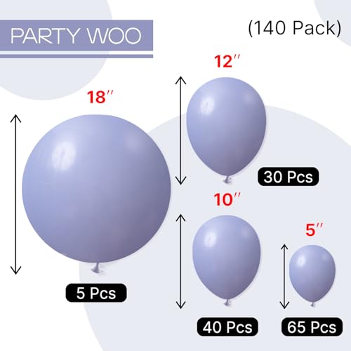 PartyWoo 더스티 블루 풍선 140피스 다양한 사이즈 팩 45.7cm(18인치), 30.5cm(12인치), 25.4cm(10인치), 12.7cm(5인치), 보헤미안 더스티 퍼플 음소거 라벤더 풍선 아치 키트, 베이비 샤워, 기념일, 졸업식, 생일 파티 장식, 블루-F16 - color: 블루-f16