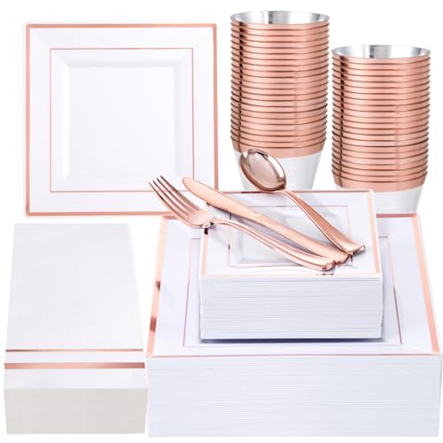 Festiva 350Pcs Rose Gold Plates and Napkins Party Supplies-Square White and Rose Gold Disposable Dinnerware include Plates Cups Cutlery Napkins for 50 Guests Wedding &Mother's Day&Birthday Party - color: Square Rose Gold, size: 50 Guests
