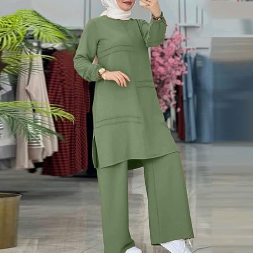 Muslim Outfits For Women 2 Piece Sets Long Sleeve Loose Tops Wide Leg Pants Suits Plus Size Outfit Prayer Clothes - color: Green, size: Small