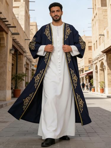 ABaoWedding Men's Kaftan,Muslim Robe Thobe Caftan,Long Sleeve Embroidered Casual Formal Dubai Thobe - size: Medium