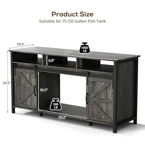 VOWNER 75-120 Gallon Fish Tank Stand with Power Outlet, Farmhouse Aquarium Stand with Storage Cabinet & Sliding Barn Doors, Heavy Duty Reptile Tank Stand, for 2 Tanks, 1000LBS Capacity, Grey - color: Grey
