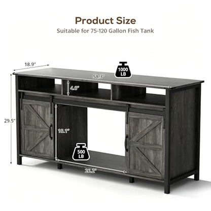 VOWNER 75-120 Gallon Fish Tank Stand with Power Outlet, Farmhouse Aquarium Stand with Storage Cabinet & Sliding Barn Doors, Heavy Duty Reptile Tank Stand, for 2 Tanks, 1000LBS Capacity, Grey - color: Grey
