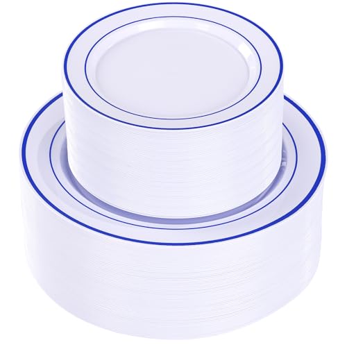 U-QE 100pcs Blue Plastic Plates for Party - Blue Plates Disposable - color: White Blue
