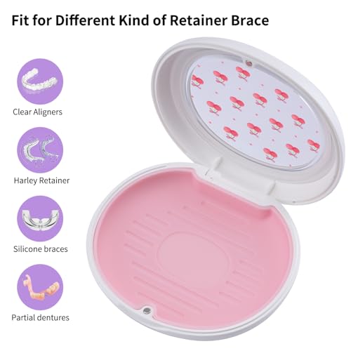 Cute Cherry Printed Retainer Case with Silicone Pad, Portable Slim Aligner Case Orthodontic Retainer Box, Denture Storage Container Travel Mouth Guard - color: Cute Cherry