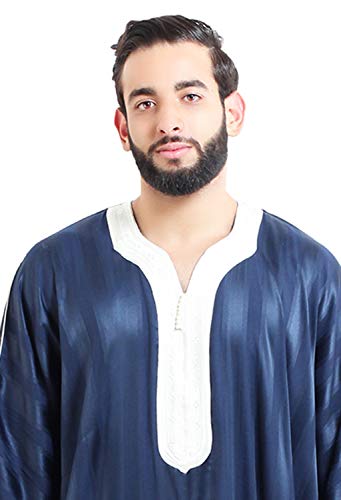 Moroccan Men Dress Caftan Handmade With Embroidery Tread Long Sleeve Navy