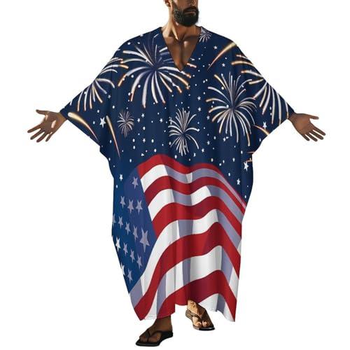 U.S.A. 4th of July Men's Kaftan Thobe V-Neck Long Gown Loose Robe - size: Medium