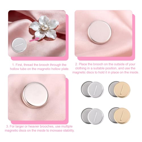 4 Pairs Dual Magnetic Mini Pin Brooch Converter, 0.79in/2cm Harm Free Metal Clothing Buckle Jewelry Pin Backs Lapel Brooch Holder for Scarves Shirts Thin Fabric (Silver, Gold)