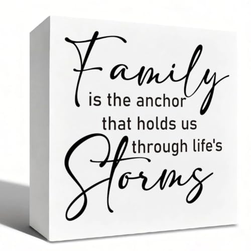 Rustic Farmhouse Wooden Box Sign, 5x5 Inch Family Connected Quote Shelf Decor, Living Room Home Decor, Friendly Family Present - color: Family 15