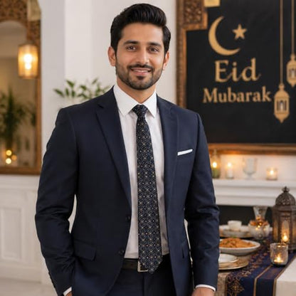 ASVP Shop Eid Necktie for Men Navy Blue and Gold Islamic Geometric Pattern Tie Muslim Holiday Dress Tie for Prayer Dinner Celebration Wedding