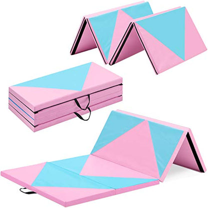 Outroad 6/8/10' Foldable Gymnastics Gym Exercise Aerobics Mat, PU Leather Tumbling Mat with Hook & Loop Fastener for Stretching Yoga Cheerleading Martial Arts - Versatile Fitness Mat for Home Workout - color: Blue 4 folding mat 4' x 10' x 2"
