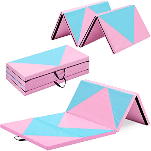 Outroad 6/8/10' Foldable Gymnastics Gym Exercise Aerobics Mat, PU Leather Tumbling Mat with Hook & Loop Fastener for Stretching Yoga Cheerleading Martial Arts - Versatile Fitness Mat for Home Workout - color: Blue 4 folding mat 4' x 8' x 2"