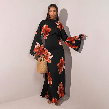 FYMNSI Womens Muslim Dresses Bell Sleeve Floral Butterfly Abaya Modest Dubai Kaftan Islamic Dress Eid Ramadan Prayer Clothes - color: Black, size: Large