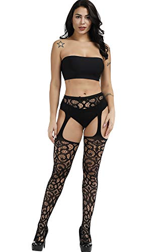 E-Laurels Womens High Waist Patterned Fishnet Tights Suspenders Pantyhose Thigh High Stockings Black - color: Black A10