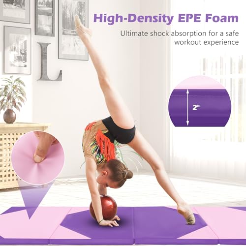 Goplus Folding Gymnastics Mat, 10’ x 4’ x 2’’ Thick Tumbling Mats with PU Leather, Hook & Loop Fasteners, Portable Handles, 4-Panel Exercise Mat for Home Gym Workouts, Yoga - color: Pink+Purple
