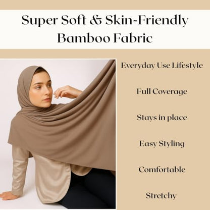 Premium Bamboo Jersey Hijab Scarves -Turban Head Wraps for Women, Fashion Headbands Long Plain Muslim Shawls - color: Beige