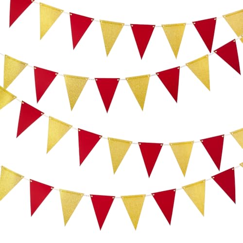 MOWO Gold Red Pennant Banner Paper Bunting, 30pc, 20 feet - color: Gold,red