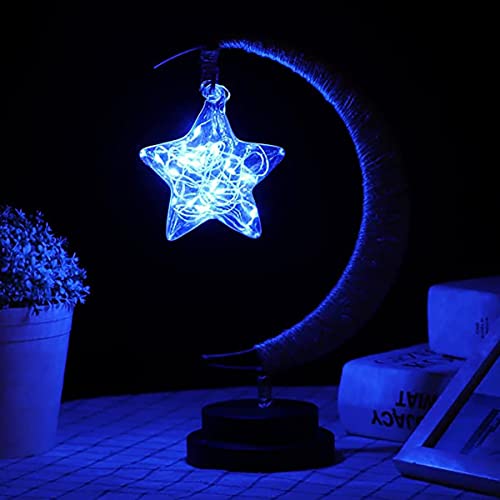 LED Decorative Lamp Star Moon Lamp Table Lamp 3D Magic Moonlight Wrought Iron Night Light Christmas Home Decoration Office Birthday Gift USB Power Supply (Pentagram Blue) - style: Pentagram Blue 1