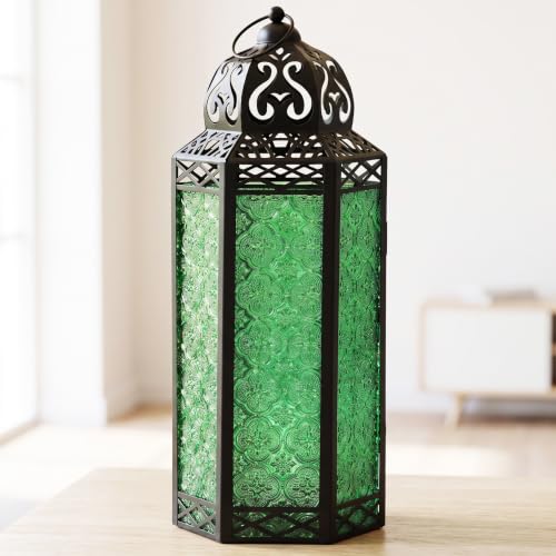 Vela Lanterns Decorative Indoor Candle Holder Table Centerpieces - Moroccan Hanging Outdoor Patio & Porch Home Decor, Turkish Floor Lamp for Wedding, Ramadan (Extra Large 16", Green Glass) - color: Black/Green, size: Extra Large