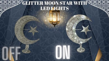 Eid Crescent Moon Star Table Lamp - Battery-Powered LED Light, Festive Home Décor Eid Gift Set with Mubarak Balloons, 14” Long (Silver) - color: Silver