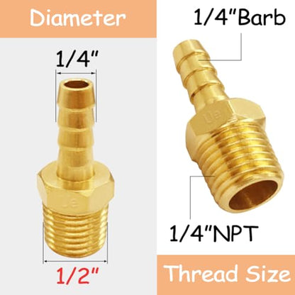 Uenede 6PCS Brass Hose Barb Fittings 1/4" NPT Male to 1/4" Barb Adapter Connector Include 6 Stainless Steel Clamps for Water/Oil/Gas - size: 1/4"Barb, style: 1/4"NPT Male